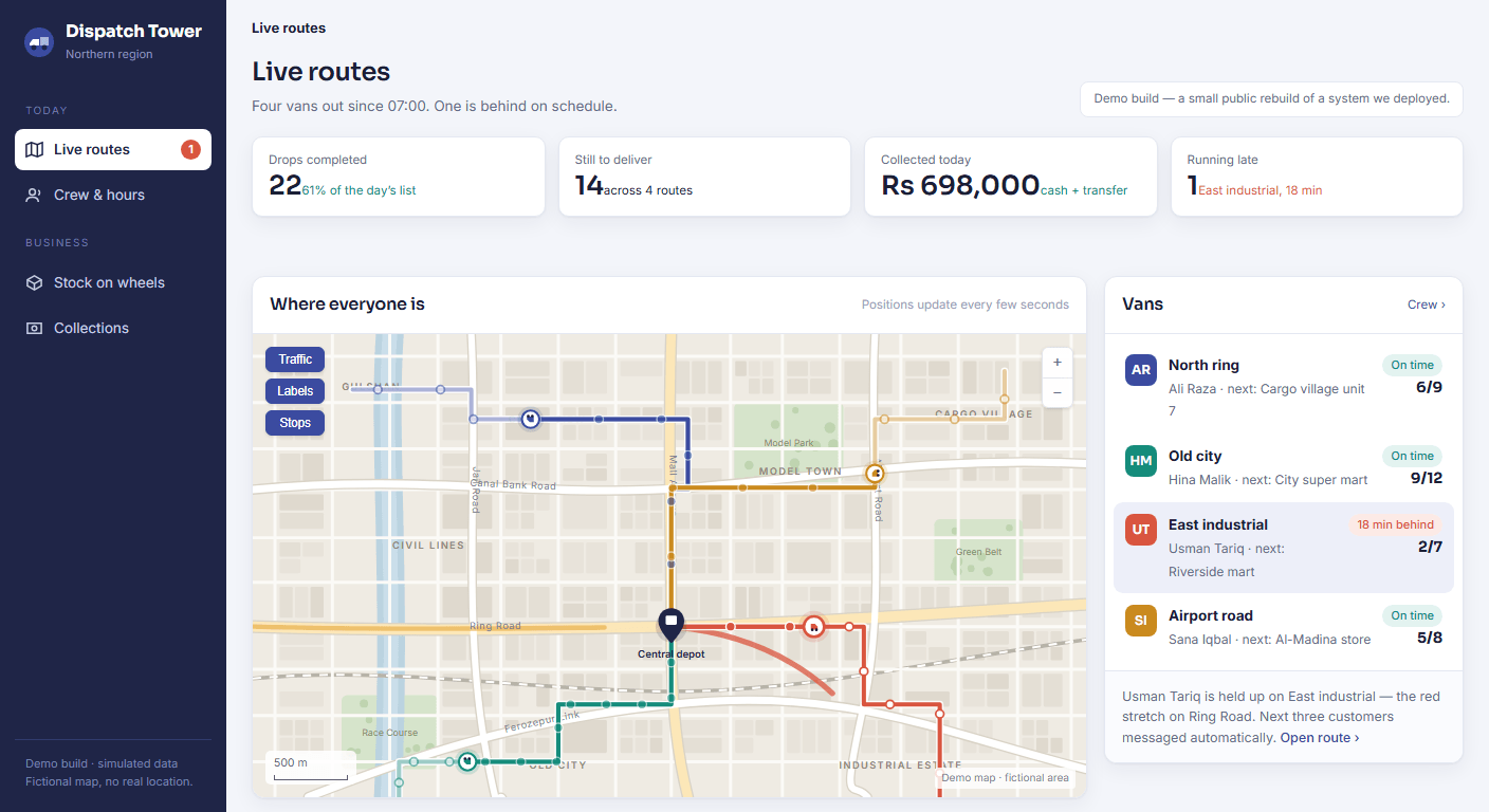 Dispatch Tower demo: four delivery routes on a city map
